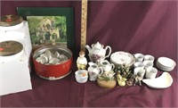 Assorted Lot Of China Tea Set And Tin Containers