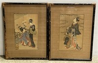 (Q) 2 Vintage Oriental Woodblock Prints 12 3/4” x