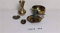 BRASS VASE, MINI PLATE, CANDLE HOLDER, AND FOOTED