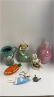 Pitcher, glass vase, & box of bunny decor