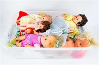 Plastic Tote of Assorted Dolls & Doll Clothes