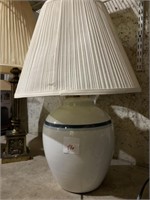 White and blue table top lamp with shade