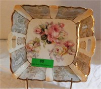 Rose tray with handles and gold trim, green tint