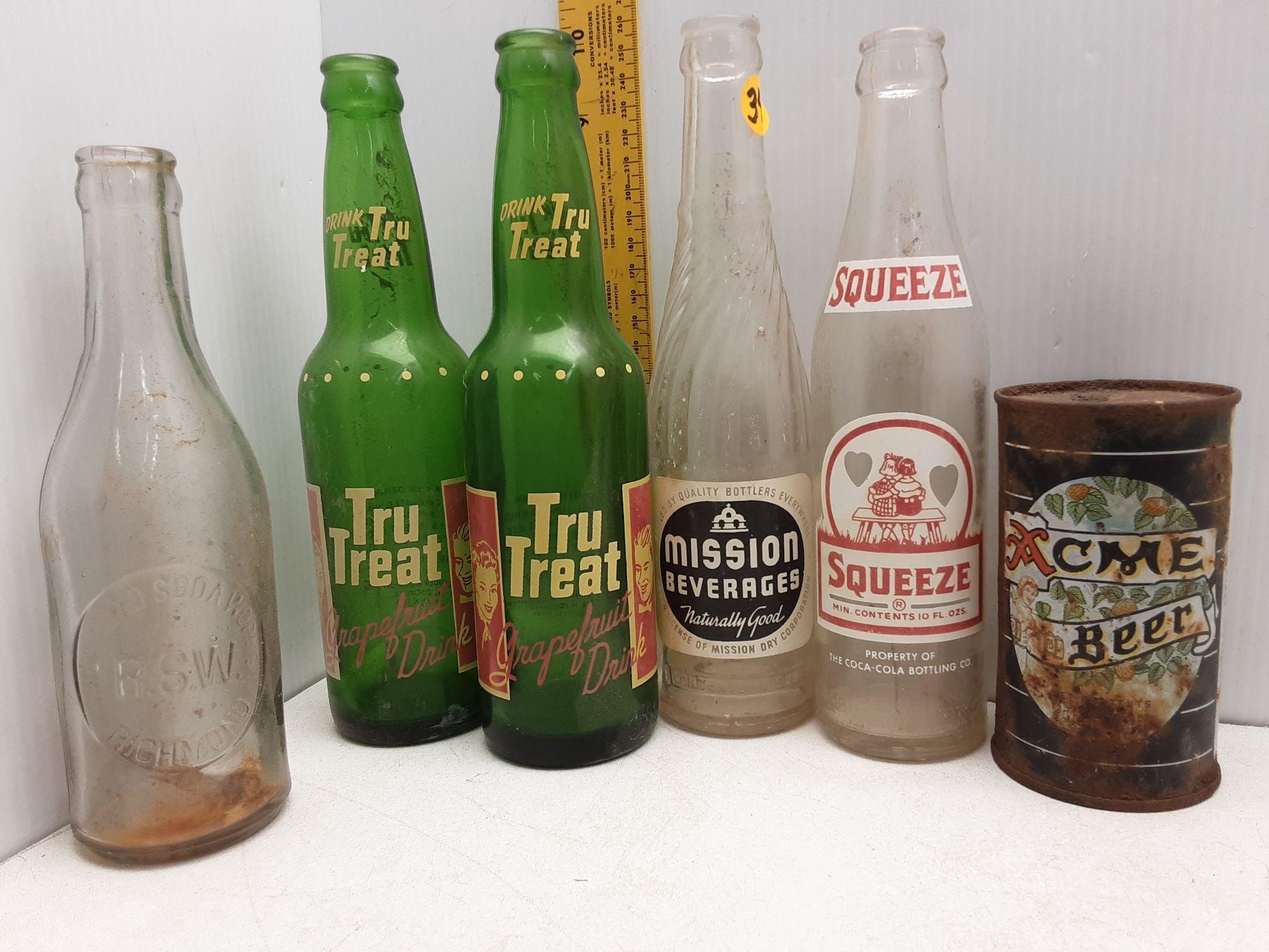 5 VINTAGE SODA BOTTLES & ACME BEER CAN