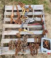 Pallet with assortment come alongs & chains