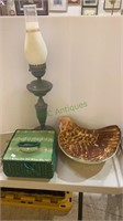 Table lamp, Los Angeles pottery rooster bowl, and