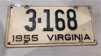 One 1955 Virginia license plate, 3-168, black and