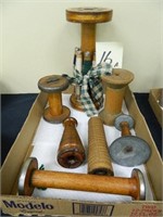 (6) Vintage Wood Yarn Spools & Hog Scraper