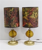 Mid Century Modern Amber Glass Bedside Lamps