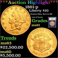 *Highlight* 1861-p Liberty $20 Graded BU+