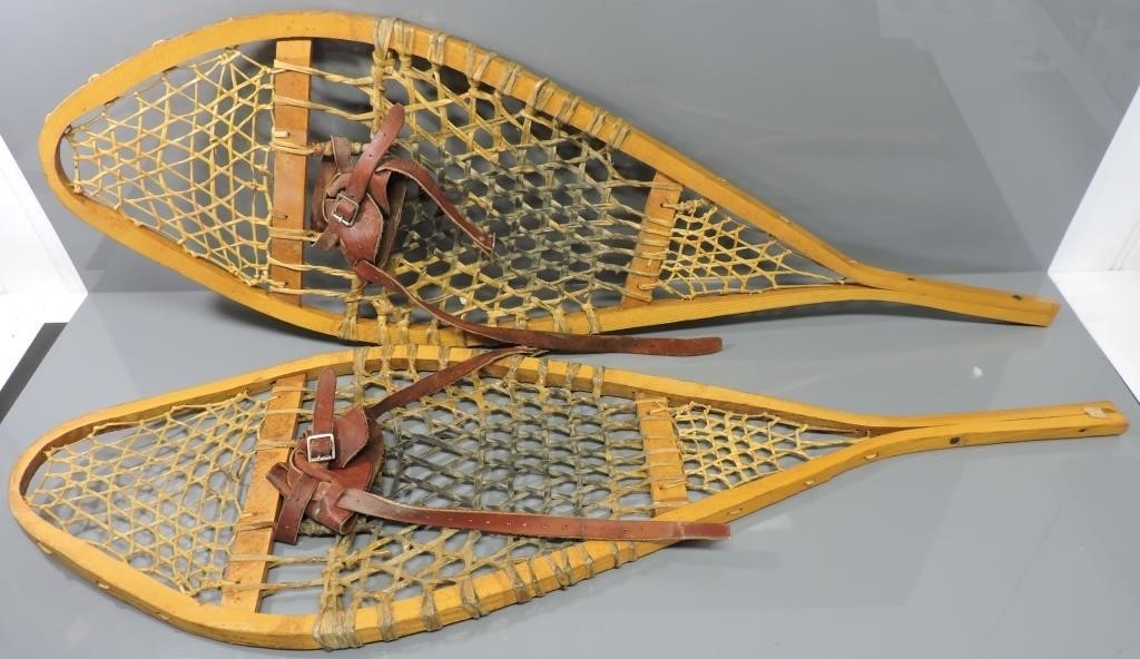 VINTAGE WOOD, LEATHER & RAWHIDE WEBBING SNOWSHOES