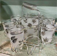 MID-CENTURY TUMBLER SET W/ ICE BUCKET AND CARRIER-