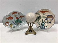Two Hand-Painted Plates, Stone Sphere