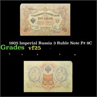 1905 Imperial Russia 3 Ruble Note P# 9C Grades vf+