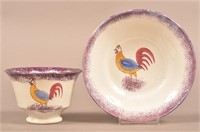 Purple Spatter Rooster Pattern China Cup and Sauce