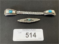 Sterling Marked Turquoise Pin, Bracelet.