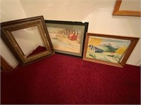 2 Paintings & 1 Antique Picture Frame