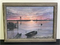 Harbor Sunset Oil Painting - Unsigned
