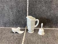 Milk Glass Pitcher, Bell, and Shoe Bundle
