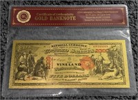 US $5 VINELAND BANK 24K GOLD BANKNOTE w/ COA