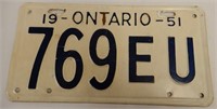 1951 ONTARIO SINGLE EMBOSSED TIN LICENSE PLATE