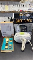 Safe clock, ultrasonic jewelry cleaner, Honeywell