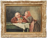 Genre Scene of Elderly Couple Oil on Canvas Board