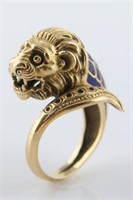 18k Yellow Gold and Enamel Lions Head Ring
