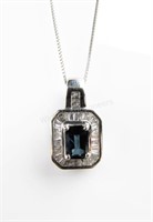 14K White Gold Sapphire, Diamond Pendant, Chain