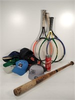 Tennis Rackets, Baseball Bat, Ball Caps