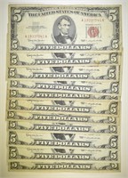 LOT OF 11 $5 RED SEAL U.S. NOTES 1963
