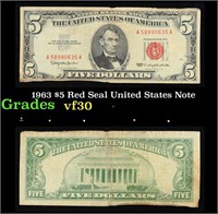 1963 $5 Red Seal United States Note Grades vf++