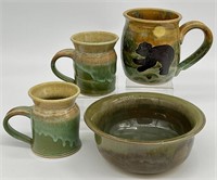 4pc Studio Pottery Mugs & Bowl, Asst.