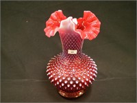 10 1/2" Fenton cranberry opalescent vase three-