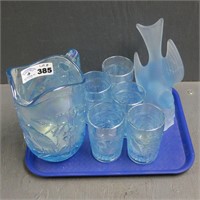 Imperial Glass Iridescent Pitcher & Tumblers, Bird