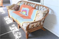 Vintage Rattan Couch, Cushions & Afghan