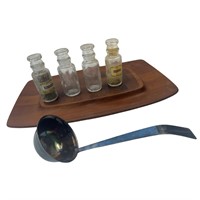 Apothecary Bottles, Tray and Antique Silver Ladle