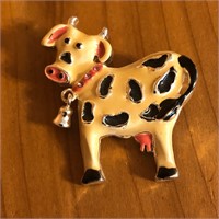 Enamel Cow Brooch Pin with Moving Bell