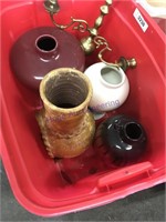 Crock vases, brass candleholder