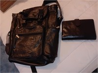 Leather backpack and black wallet.