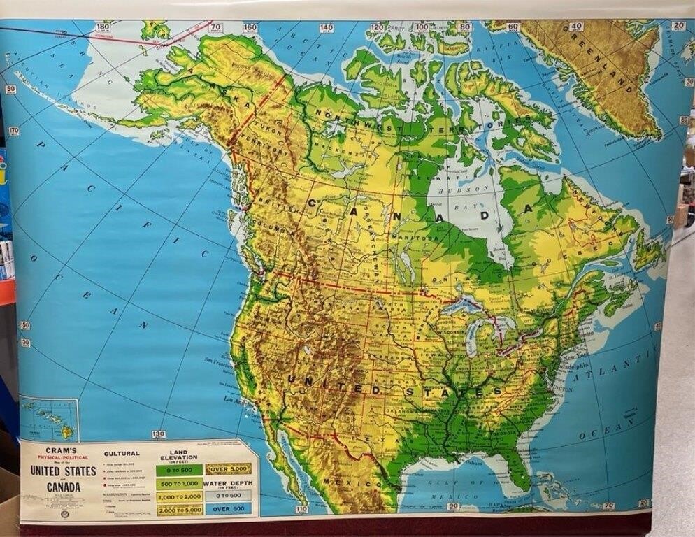 Old Pull Down Map of North America (65.5"W)