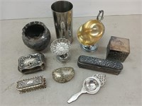 Asst silver plate items: five trinket boxes, etc