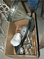 Box with oil filter wrenches, funnels, open end