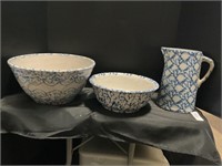 Blue Spongeware Stoneware Mixing Bowls, Pitcher.