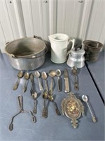 Miscellaneous spoons, pot, pitcher, coffee pot