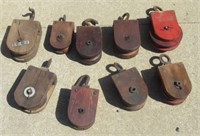 (9) Antique Wood Barn Pulleys. Red Measures:
