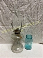 Antique Press Glass oil lamp with chimney holder