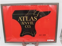 EARLY ATLAS ANVIL REVERSE PAINTED GLASS SIGN