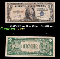 1935F $1 Blue Seal Silver Certificate Grades vf+