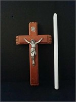 Wood Crucifix and Metal Candle.